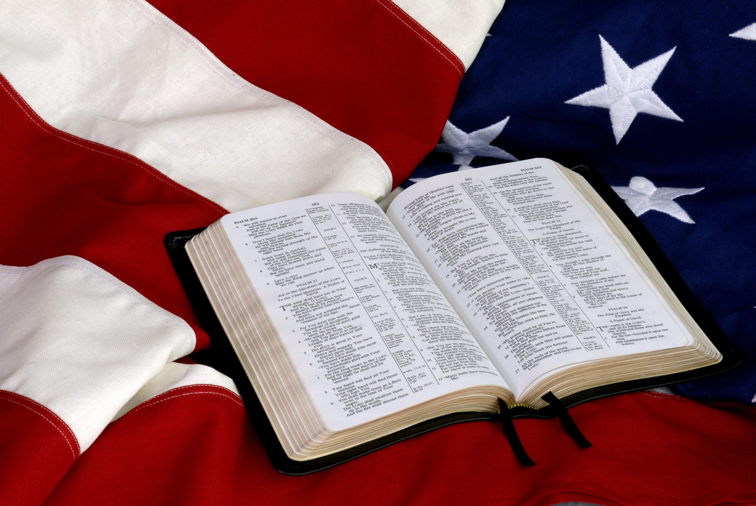 Concept image of freedom of religion, God and country, patriotism,etc.  Bible is open to the 23th Psalm.